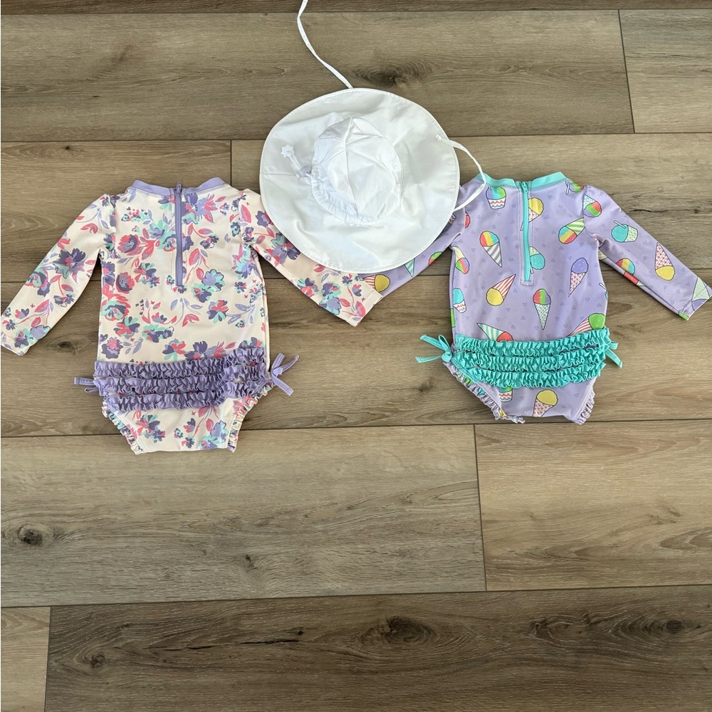 Floral and snowcone print rashgaurd and sunhat